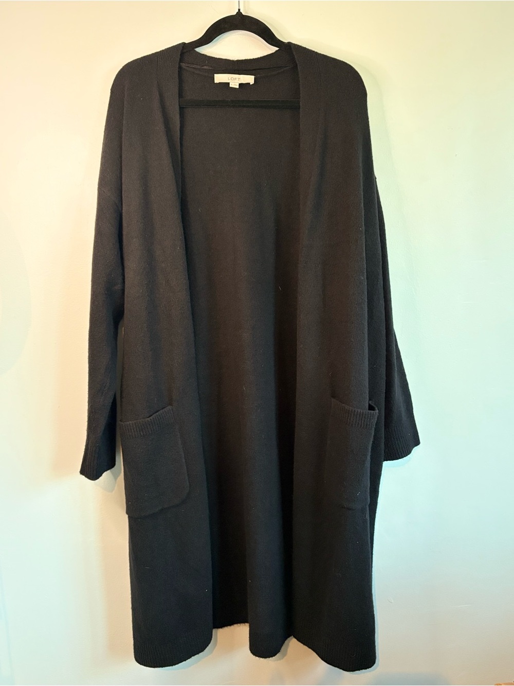 LOFT Long Black Open-Front Pocket Cardigan